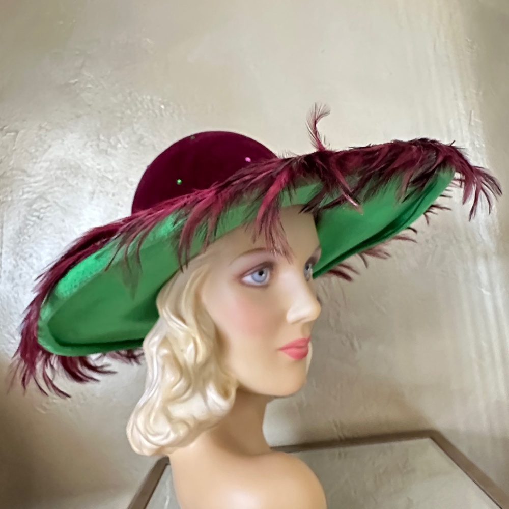 DAZZLING 1970s' MAGENTA/SEA GREEN FELT WIDE BRIM HAT + RHINESTONES + FEATHERS